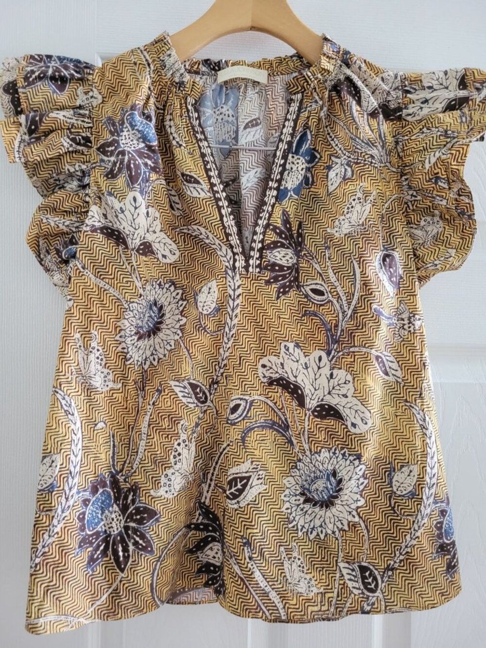 Ulla Johnson Elena Blouse Yellow Floral Top size 6 Ruffled Sleeveless Boho folk